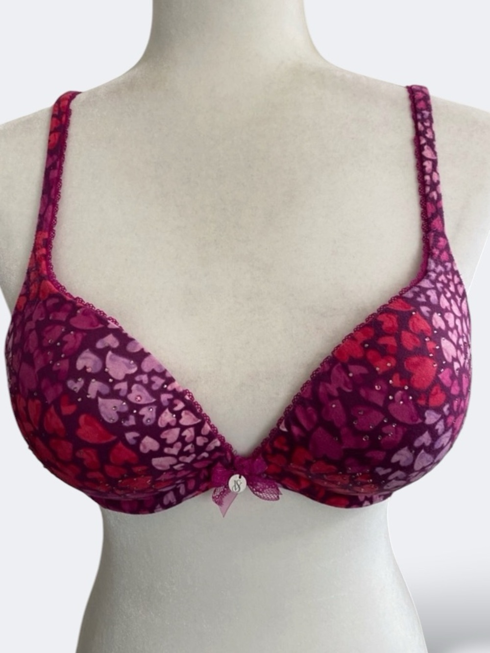 Victoria's Secret Bombshell Push-Up Bra, Purple Red Heart Print Rhinestones